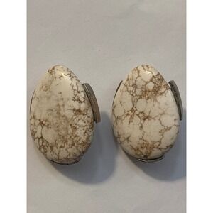 Simon Jeu Clip On Earrings White Stone Marble Brown Veining Textured Silver Tone